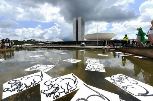 Dibujos de ratas en la fuente del Congreso en Brasilia