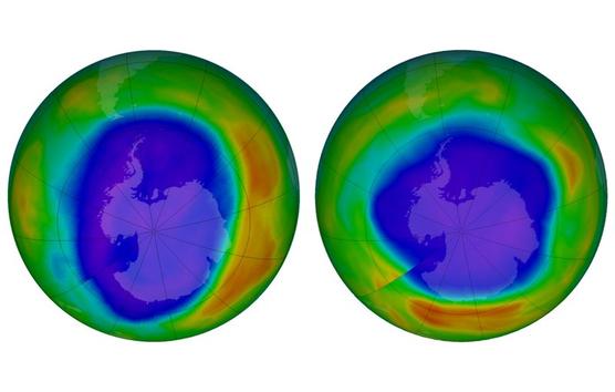 La Antártida en septiembre de 2000 (izquierda) y en septiembre de 2018.