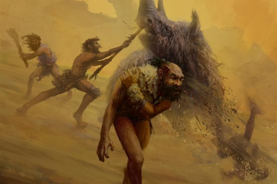 Ilustración proveída por Gleiver Prieto y Katerina Harvati se ve a un grupo de neandertales cazando con armas no arrojadizas. 