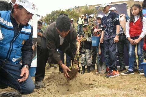 Evo Morales planta un arbol, ayer en La Paz