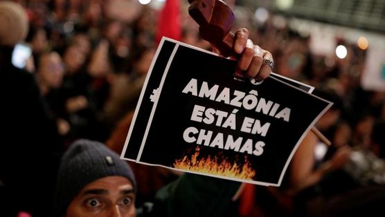 Manifestante denuncia con un cartel que "la Amazonia está en llamas en Sao Paulo