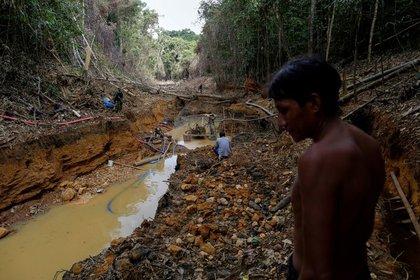 Un indígena yanomami junto a agentes ambientales de Brasil durante una operación contra la minería ilegal en el Amazonas