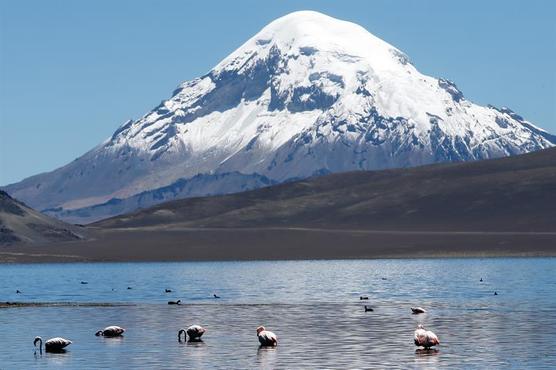 El lago Chungará y al fondo el volcán Parinacota, en la reserva de la biosfera Lauca.