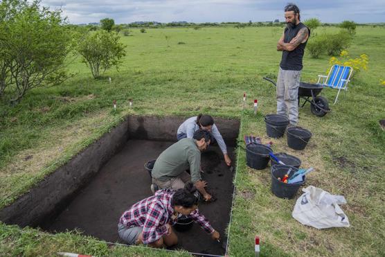 Arqueólogos excavan en el sitio de un montículo de tierra indígena conocido como "cerritos de indios", cerca de Villa Ansina