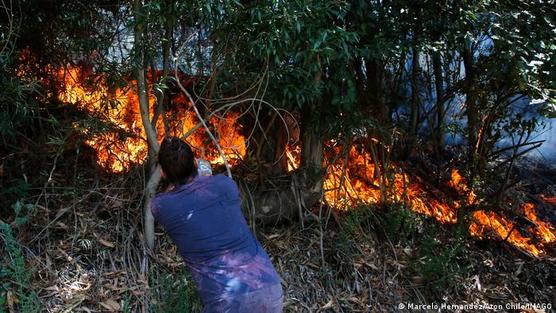 Una mujer lucha contra las llamas en Dichato.
