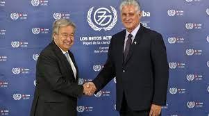 Guterres y Diaz Canel en la cumbre del G77+China, en el Palacio de Convenciones de La Habana (Cuba). EFE/Ernesto Mastrascusa