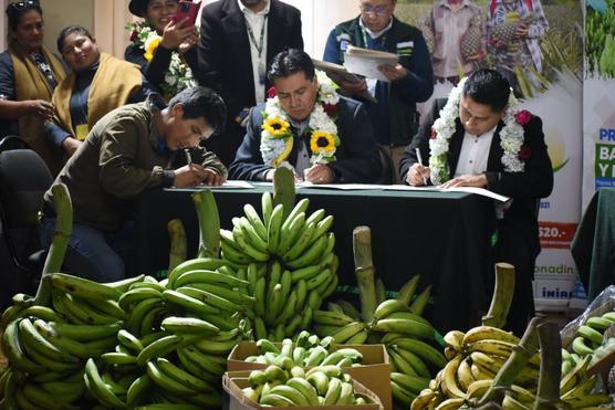 El ministro de Desarrollo Rural y Tierras, Santos Condori, firma con representantes de los productores el financiamiento estatal